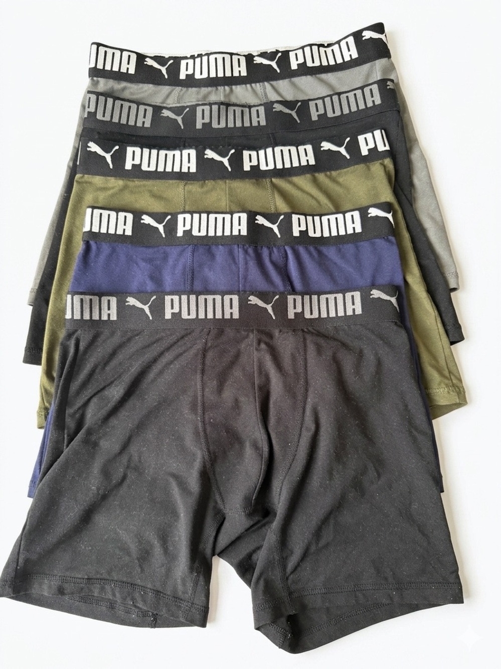 PUMA Men's 5-Pack Performance Boxer Briefs - Black, Navy, Olive, Gray Size S